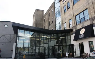 outside an office building with glass walls